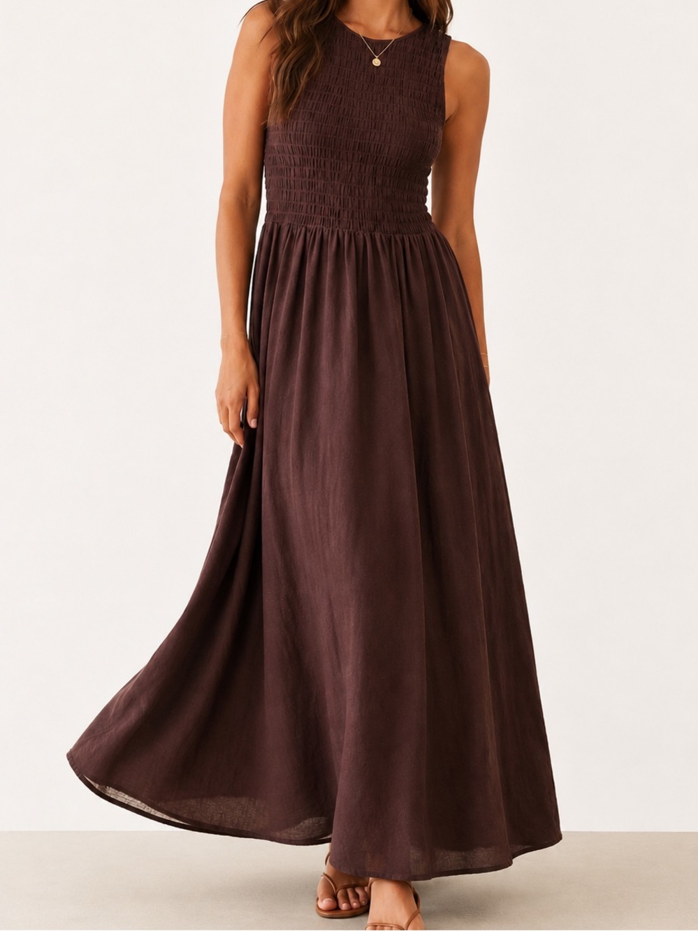 Z Supply | Juniper Linen Blend Cherry Chocolate Smocked Maxi Dress Size Small